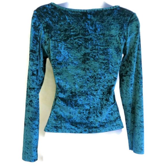 Vintage 80s 90s Crushed Velvet Fitted Stretch Teal Macrame Trim Anchor Blue S - Picture 4 of 8